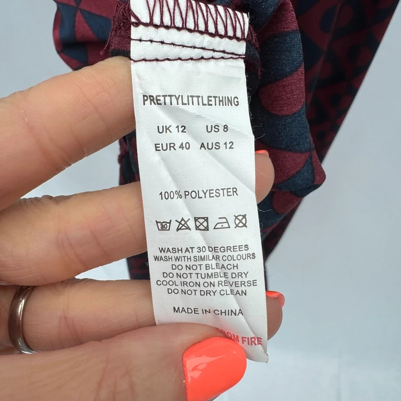 PrettyLittleThing BNWT Geo Print Wrap Midi Dress Burgundy Navy UK12 Belted - Image 10