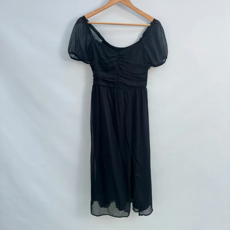 Hollister Black Midi Dress BNWT Size S UK 8-10 Puff Sleeve Ruched Front Slit