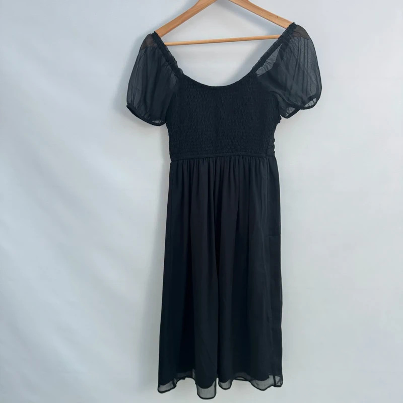 Hollister Black Midi Dress BNWT Size S UK 8-10 Puff Sleeve Ruched Front Slit - Image 2