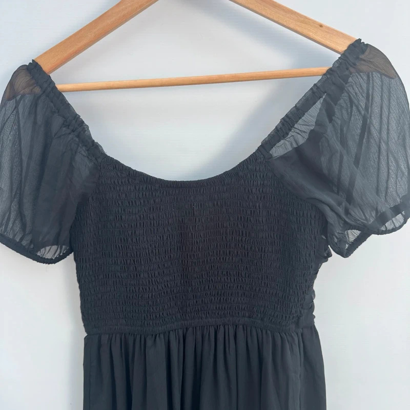 Hollister Black Midi Dress BNWT Size S UK 8-10 Puff Sleeve Ruched Front Slit - Image 3