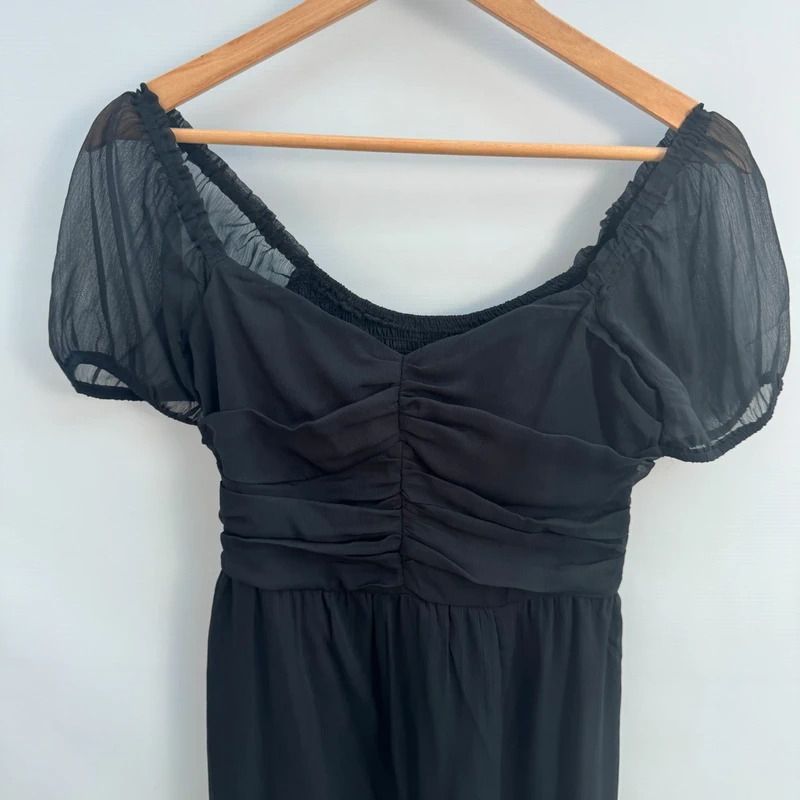 Hollister Black Midi Dress BNWT Size S UK 8-10 Puff Sleeve Ruched Front Slit - Image 8