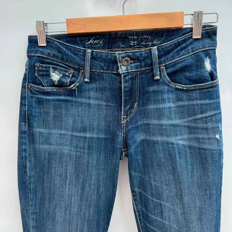 Levi's Demi Curve Bootcut Jeans W27 L32 UK 8 Dark Blue Stretch Denim Distressed - Image 3