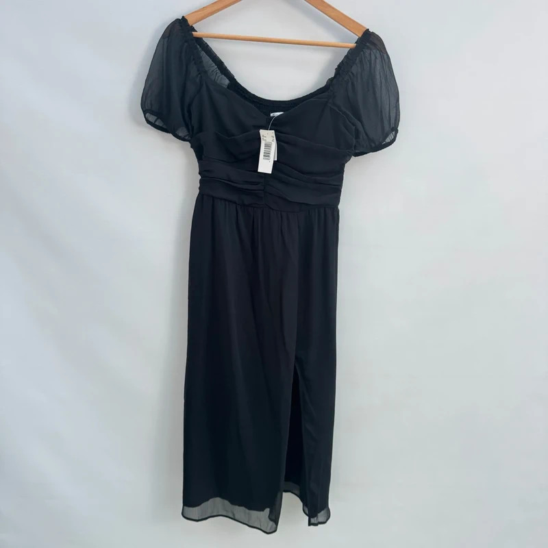 Hollister Black Midi Dress BNWT Size S UK 8-10 Puff Sleeve Ruched Front Slit - Image 13
