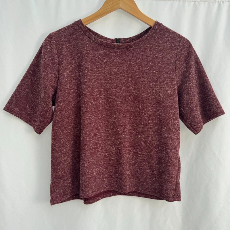 Topshop Burgundy Marl Ribbed Top Short Sleeve Zip Back Casual Knit Style Size 12