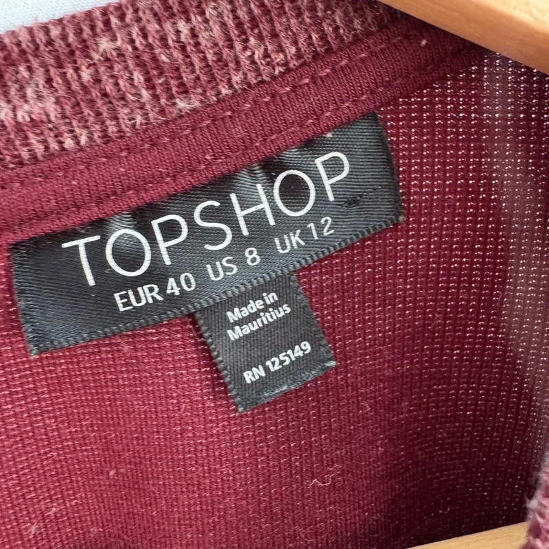 Topshop Burgundy Marl Ribbed Top Short Sleeve Zip Back Casual Knit Style Size 12 - Image 3