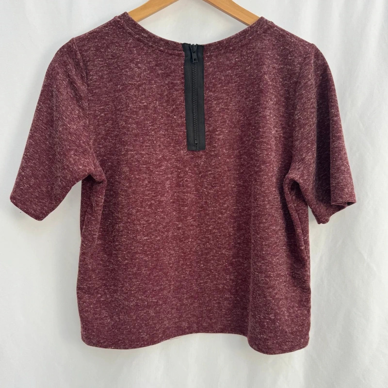 Topshop Burgundy Marl Ribbed Top Short Sleeve Zip Back Casual Knit Style Size 12 - Image 7