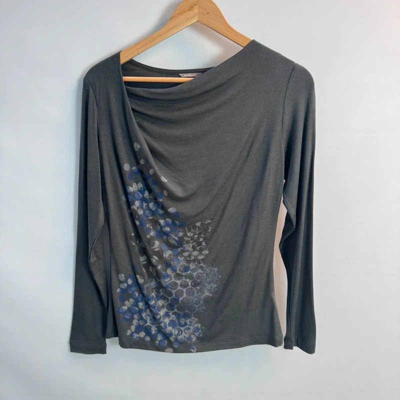 Sandwich Top Size S UK10 Dark Grey Cowl Neck Blue Spotted Print Long Sleeve Wool Mix