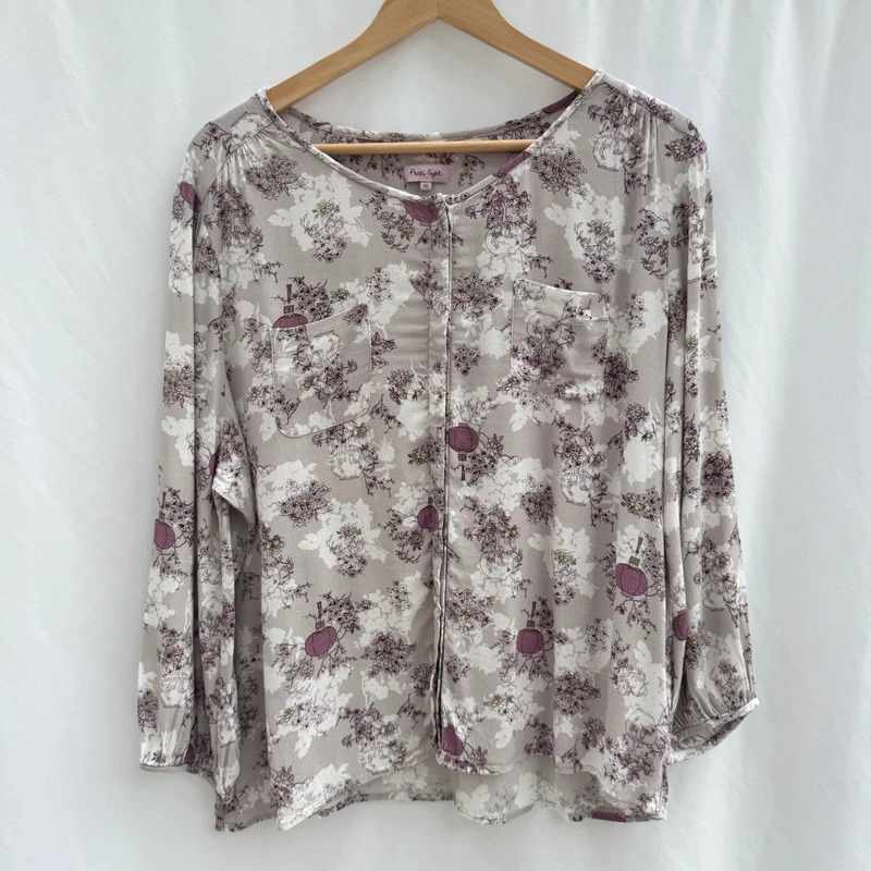 Phase Eight Oriental Print Blouse UK 16 Mauve Lantern Floral 3/4 Sleeve Button Front