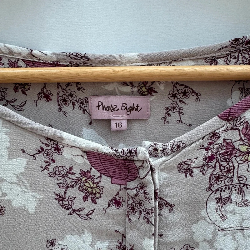 Phase Eight Oriental Print Blouse UK 16 Mauve Lantern Floral 3/4 Sleeve Button Front - Image 3