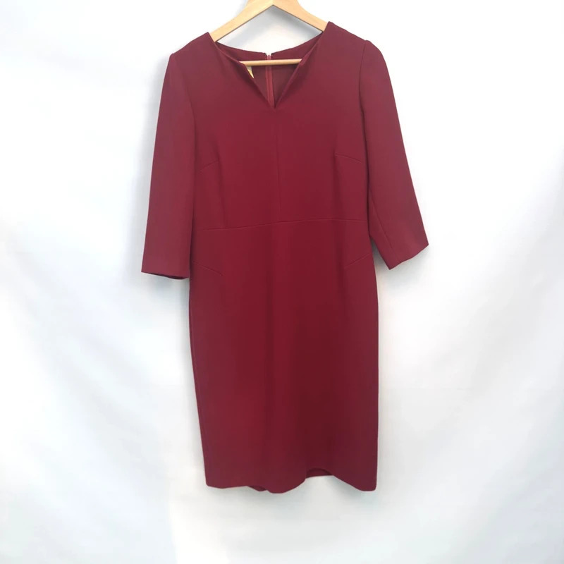 Hobbs London Burgundy Red Shift Dress UK 12 3/4 Sleeve Smart Work Occasion Midi