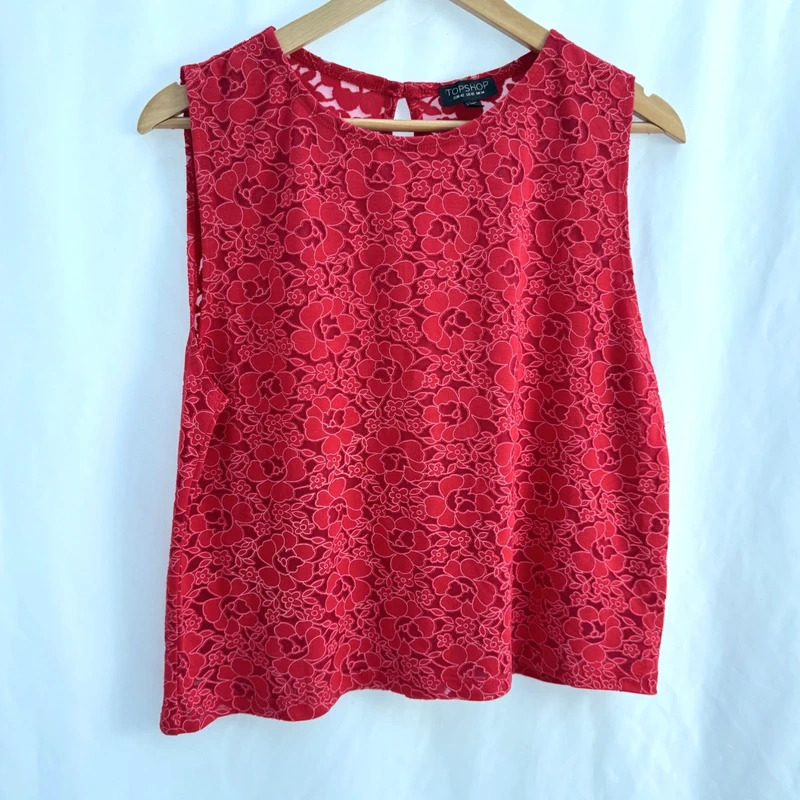 Topshop Red Floral Lace Sleeveless Top UK 14 Keyhole Back Lined Summer Blouse