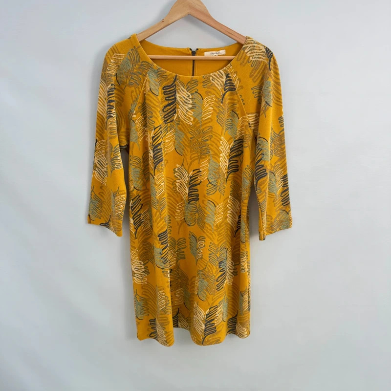 White Stuff Mustard Leaf Print Tunic Dress UK 18 3/4 Sleeve Cotton Blend