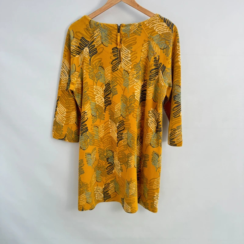 White Stuff Mustard Leaf Print Tunic Dress UK 18 3/4 Sleeve Cotton Blend - Image 7