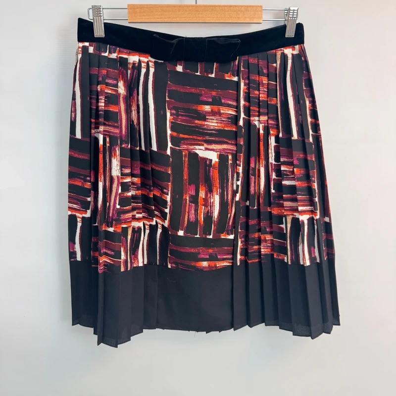 Hobbs London Pleated Skirt UK 12 Abstract Print Velvet Waist Bow Black Rust Orange
