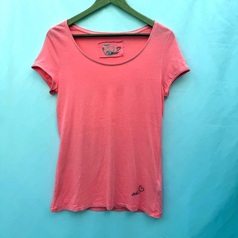 Oui Coral Peace Heart Embellished Tee UK 10 100% Cotton RRP £25