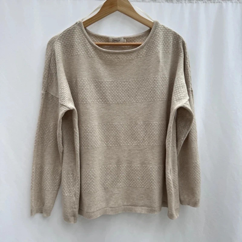 ONLY Beige Cream Textured Striped Knit Jumper Pullover Size L UK 14 16