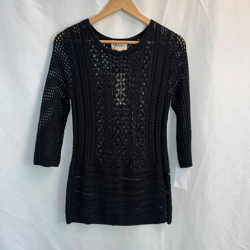 Andrea Jovine Black Crochet Knit Tunic | 3/4 Sleeve | 100% Cotton | Size S (UK 8–10) | BNWT