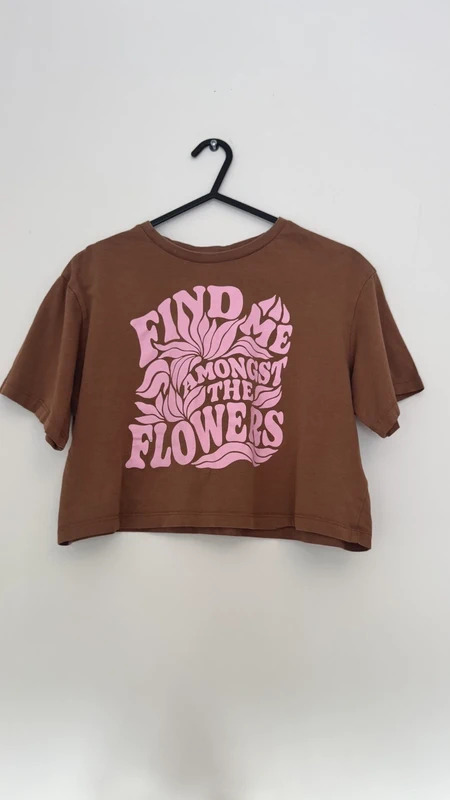 H&M Brown Crop T‑Shirt Age 10–12 – Pink Floral Slogan Print Retro 70s Style