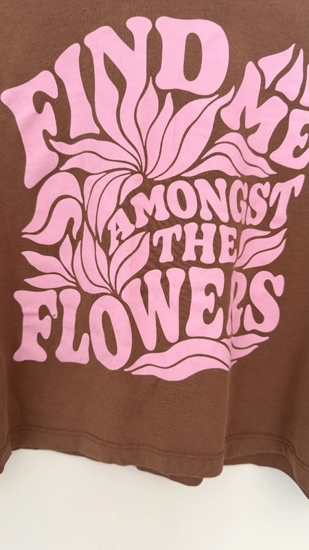 H&M Brown Crop T‑Shirt Age 10–12 – Pink Floral Slogan Print Retro 70s Style - Image 2