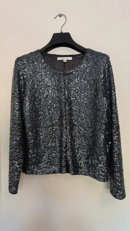 LK Bennett Gunmetal Sequin Wool Evening Silk Jacket UK 12 Medium Party Glam