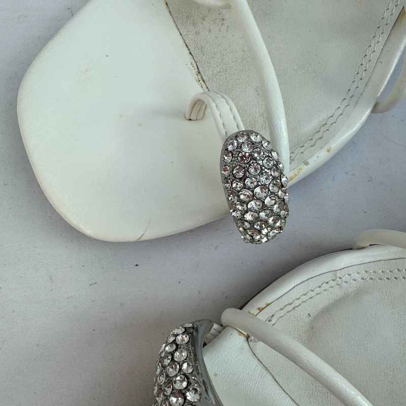 River Island White Strappy Block Heel Sandals Crystal Gem Toe Detail UK 7 / EU 40 - Image 4