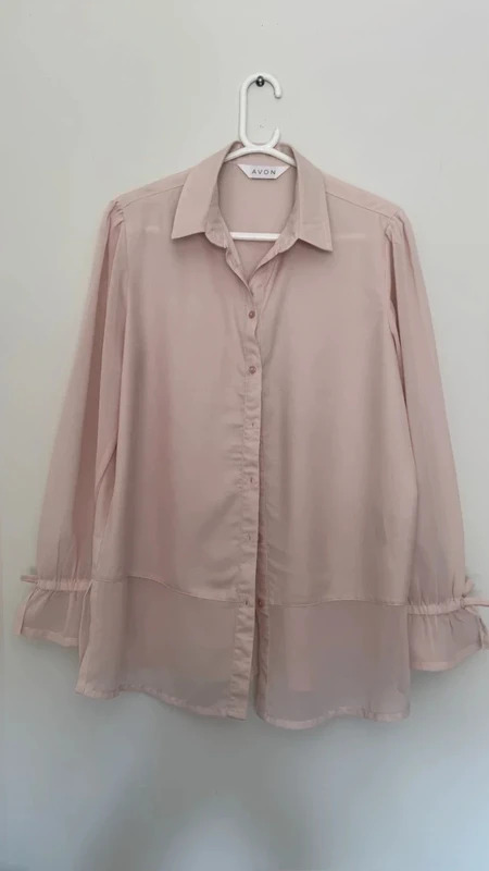 AVON Blush Pink Chiffon Shirt Blouse UK14 16 Ruffle Tie sleeve Smart Casual