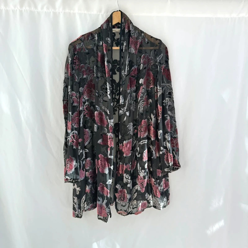 Vintage Fragile Silk Devore Floral Kimono Jacket M/L UK 12–16