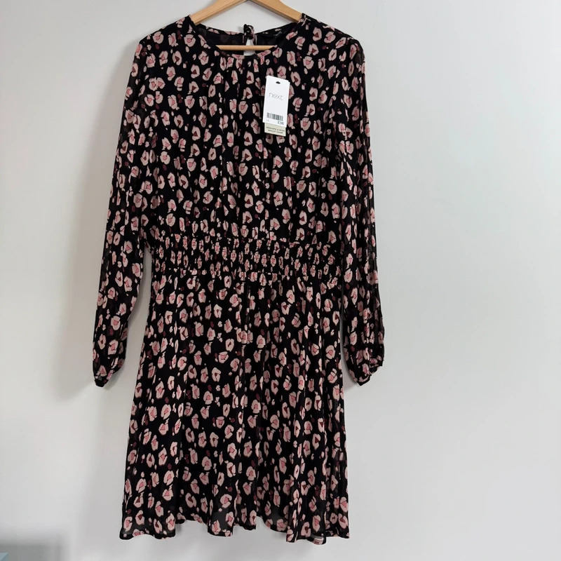 Next Size UK14 Black Abstract Floral Shirred Waist Long Sleeve Dress RRP £38 BNWT
