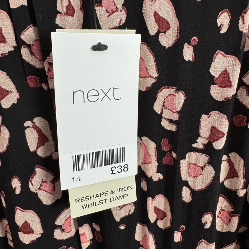 Next Size UK14 Black Abstract Floral Shirred Waist Long Sleeve Dress RRP £38 BNWT - Image 3