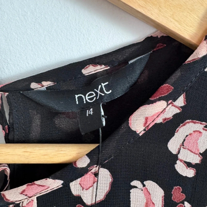 Next Size UK14 Black Abstract Floral Shirred Waist Long Sleeve Dress RRP £38 BNWT - Image 4