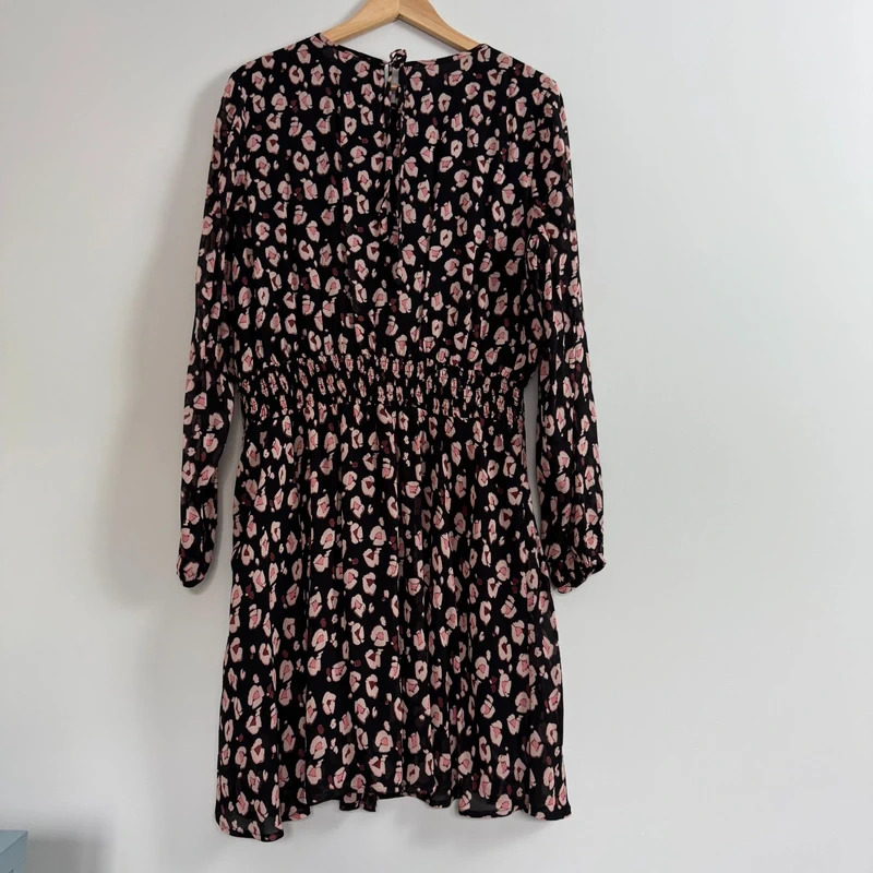 Next Size UK14 Black Abstract Floral Shirred Waist Long Sleeve Dress RRP £38 BNWT - Image 8