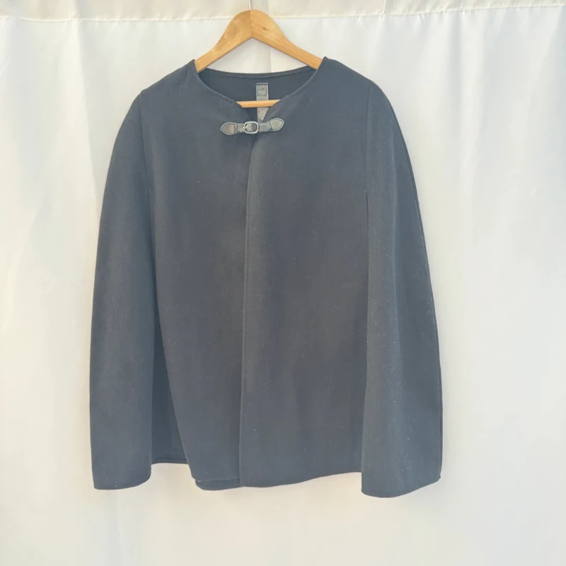 M&S Black Wool-Blend Cape Jacket One Size Faux Leather Buckle Pockets Smart Evening