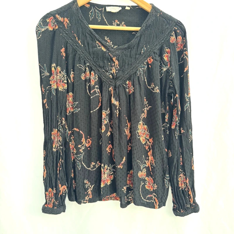 FatFace Black Floral Blouse UK 14 V Neck Lace Trim Long Sleeve Boho Top