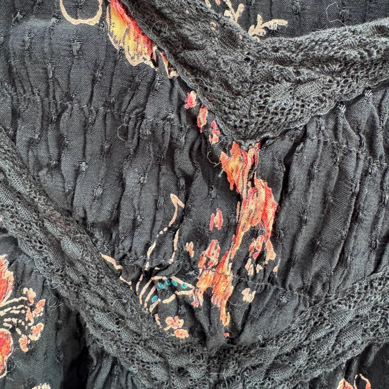 FatFace Black Floral Blouse UK 14 V Neck Lace Trim Long Sleeve Boho Top - Image 2
