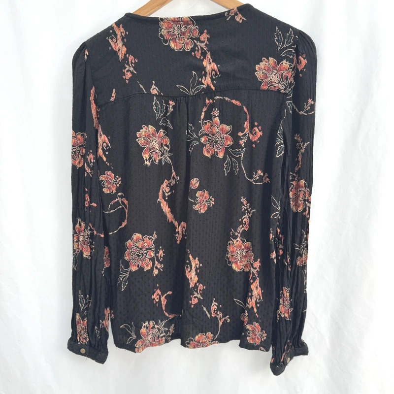 FatFace Black Floral Blouse UK 14 V Neck Lace Trim Long Sleeve Boho Top - Image 7