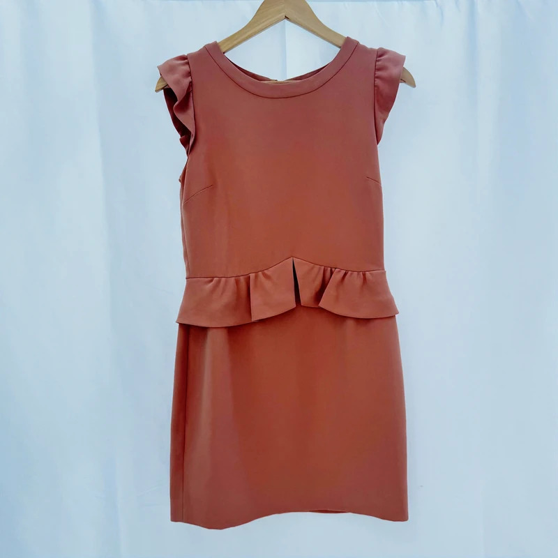 Sandro Paris Terracotta Peplum Dress UK 10 Ruffle Cap Sleeve Gold Zip Smart Occasion Size 2