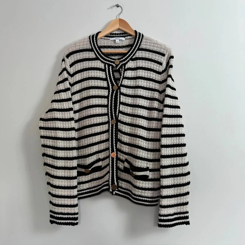 Next Black And Cream Striped Knit Cardigan Gold Buttons Pockets Size L UK 16 18