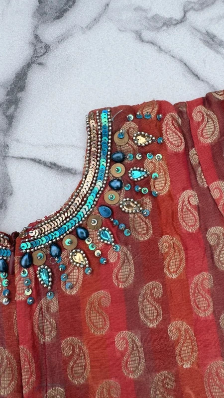 Rust Orange Gold Paisley Embellished Kurta Top UK 6–8 Bead Sequin Ethnic Occasion Wear - Image 10