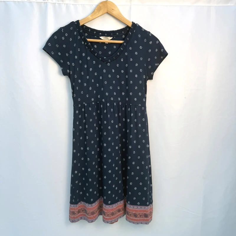 FatFace Navy Ditsy Floral Jersey Dress | Size 10 | V-Neck Border Print Hem | 100% Viscose