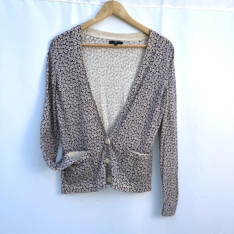 Gap Floral Cardigan Purple Cream Cotton Button Up Vintage 2010 Size M UK 12