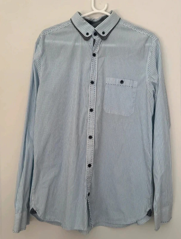 Next Men's L 46" Blue White Stripe Shirt Contrast Collar Stitch Detail Long Sleeve