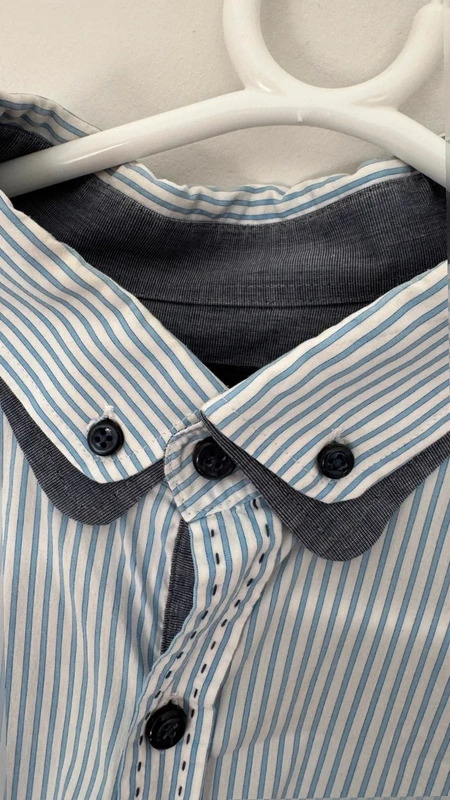 Next Men's L 46" Blue White Stripe Shirt Contrast Collar Stitch Detail Long Sleeve - Image 4
