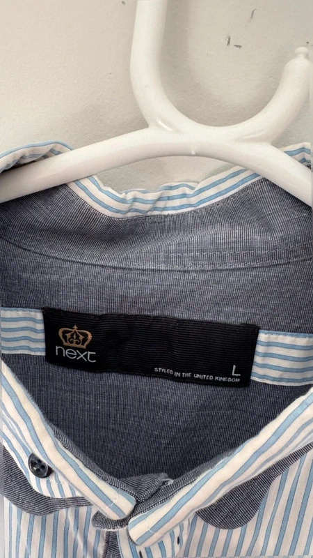 Next Men's L 46" Blue White Stripe Shirt Contrast Collar Stitch Detail Long Sleeve - Image 5