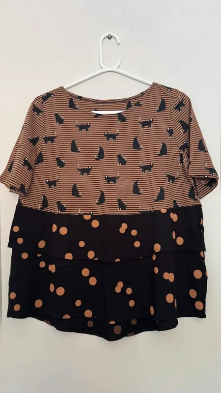 Next Top UK12 Cat Print Striped Black Camel Polka Dot Layered Hem Short Sleeve