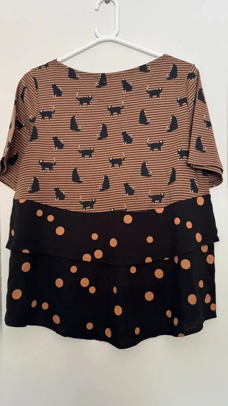 Next Top UK12 Cat Print Striped Black Camel Polka Dot Layered Hem Short Sleeve - Image 2