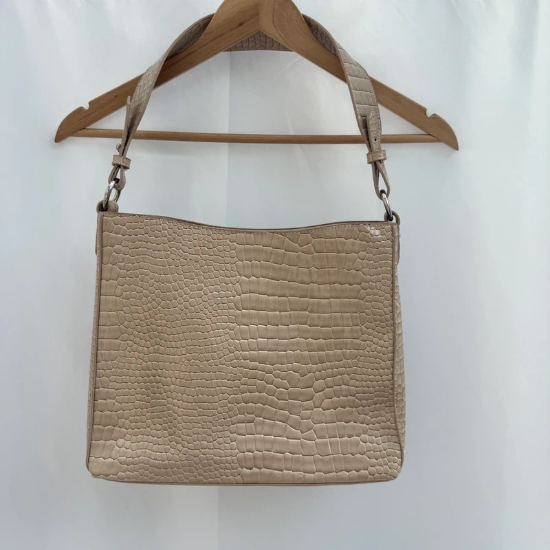 HVISK Beige Croc-Embossed Shoulder Bag Detachable Strap Vegan Leather Multiway Bag