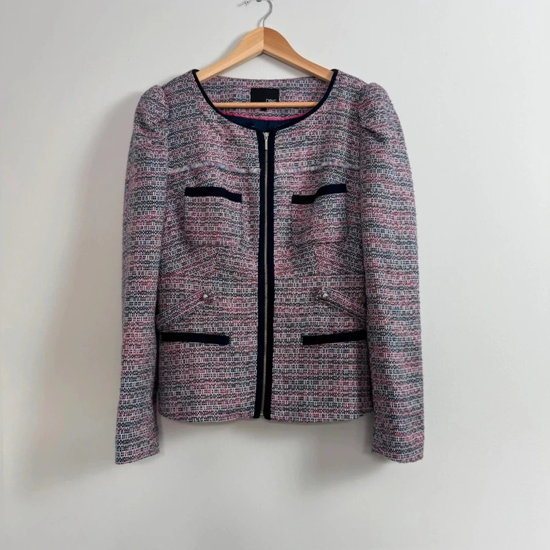 Next Bouclé Tweed Zip Jacket UK 14 Pink Navy fringe Trim Smart Blazer Coat