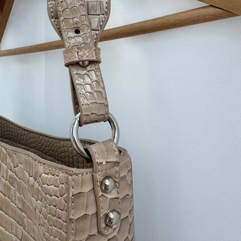 HVISK Beige Croc-Embossed Shoulder Bag Detachable Strap Vegan Leather Multiway Bag - Image 4