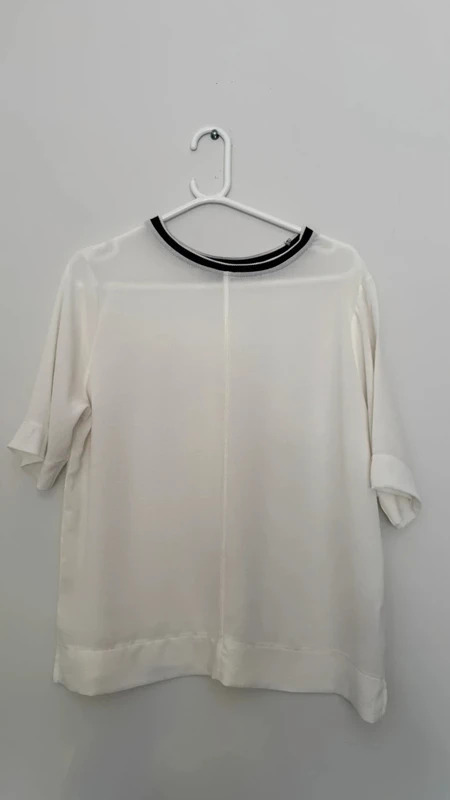New White Look Textured Blouse Top Black Trim Smart Office UK 14 Minimalist