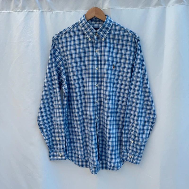 Ralph Lauren M Blue White Check Shirt 100% Cotton Button-Down Collar Embroidered Pony